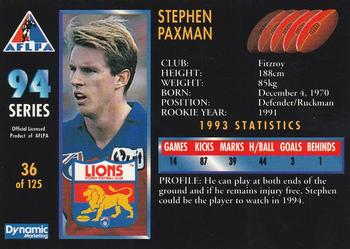1994 Dynamic AFLPA #36 Stephen Paxman Back